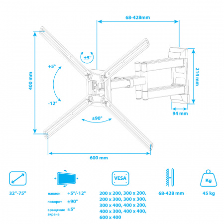 Настенный кронштейн для LED/LCD телевизоров KROMAX CORBEL-12 GREY TITAN 